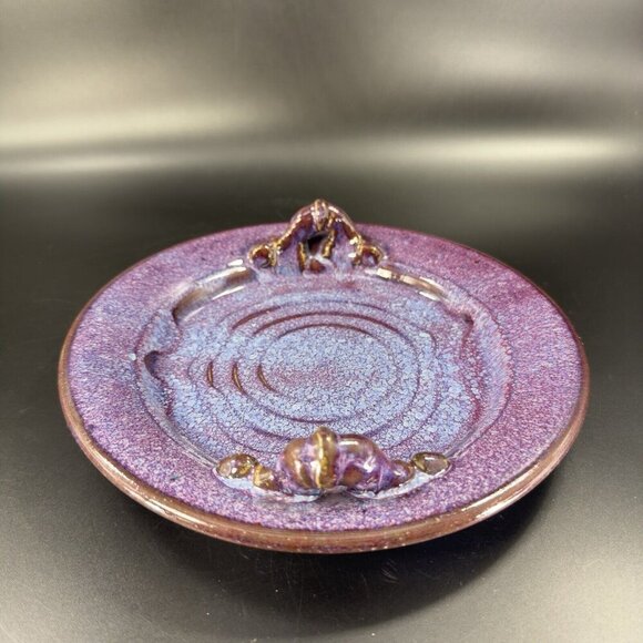Hand Made Vintage Pottery Dish Tray With Handles Purple Drip Glaze Artist Signed - Picture 11 of 15